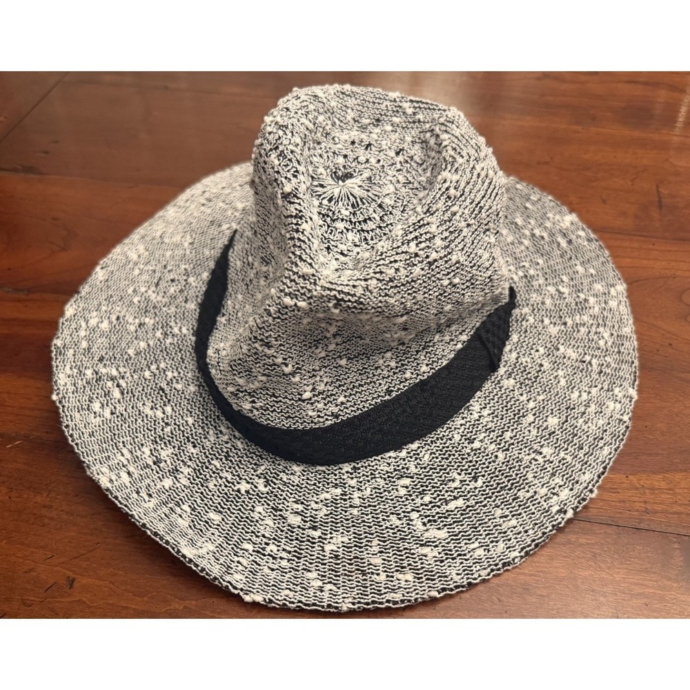 Marcus Adler New York Womens Fedora Sun Hat Black White Speckled Knit Panama OS